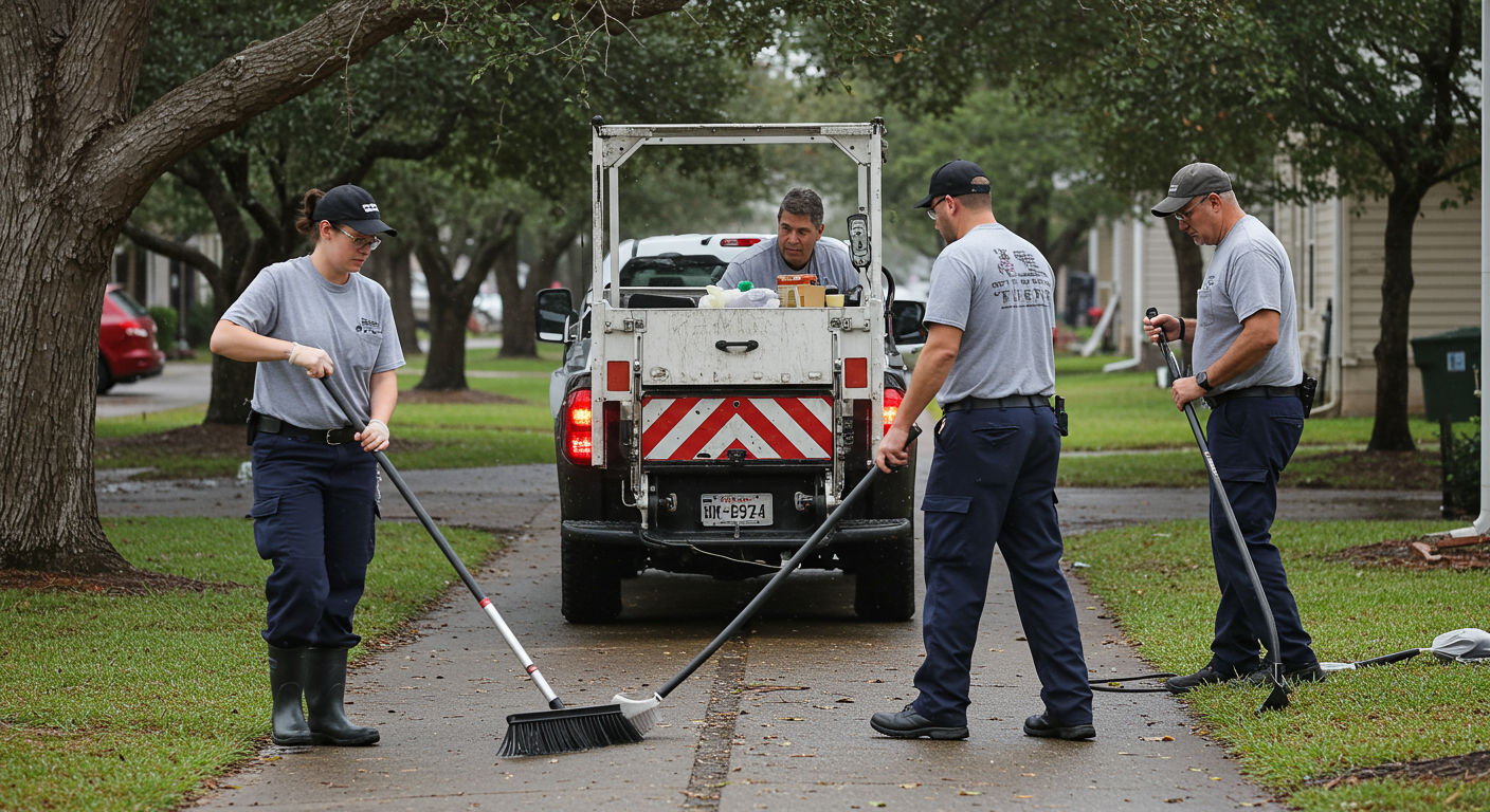 A professional cleaning team in action, wearing uniforms and safety gear, actively cleaning a flooded residential area in Galveston. The scene captures the urgency and dedication of the team as they use specialized equipment.