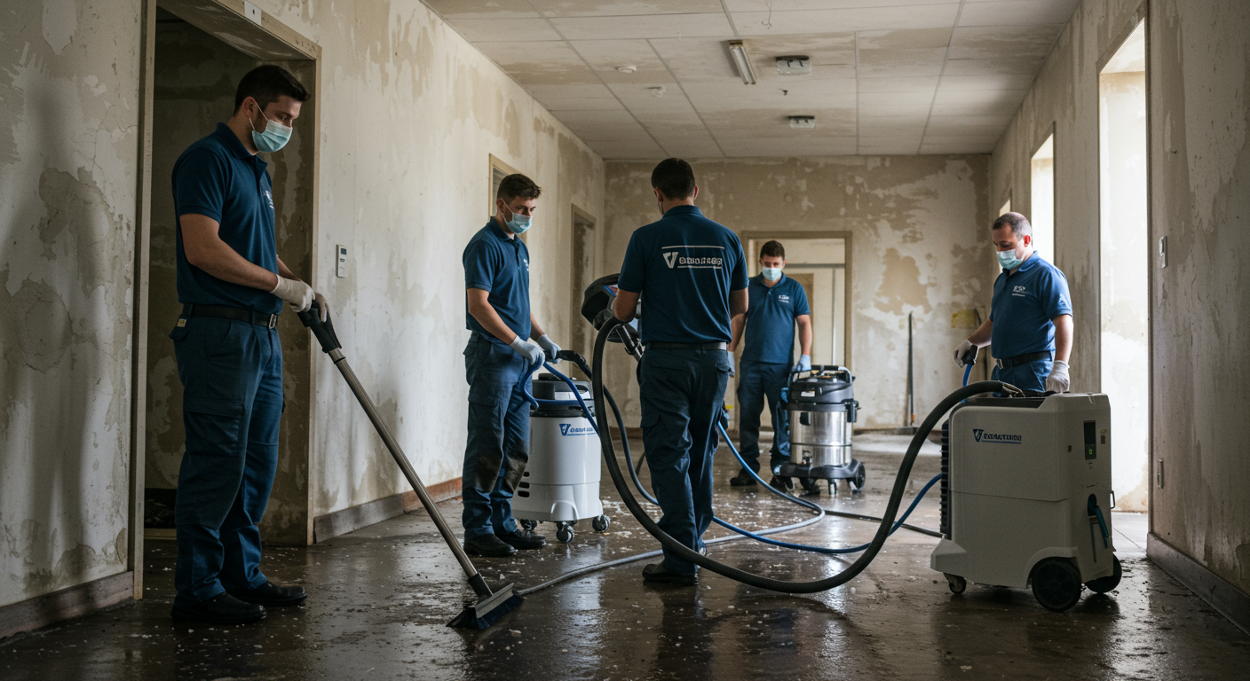 Professional cleaning team using advanced equipment like industrial vacuum cleaners and dehumidifiers in a water-damaged area.