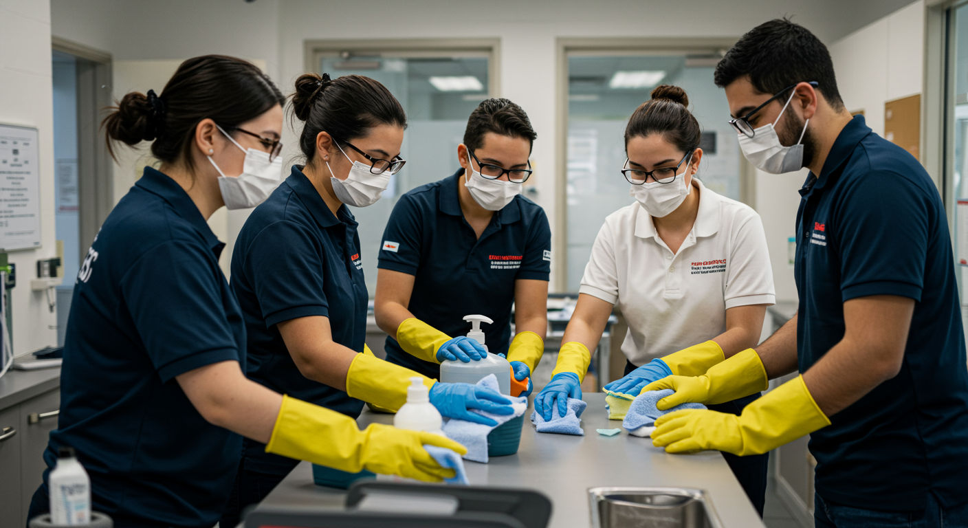 A team of emergency cleaners collaborating in a commercial space, wearing gloves and masks, carefully sanitizing surfaces. Their teamwork highlights efficiency and professionalism.