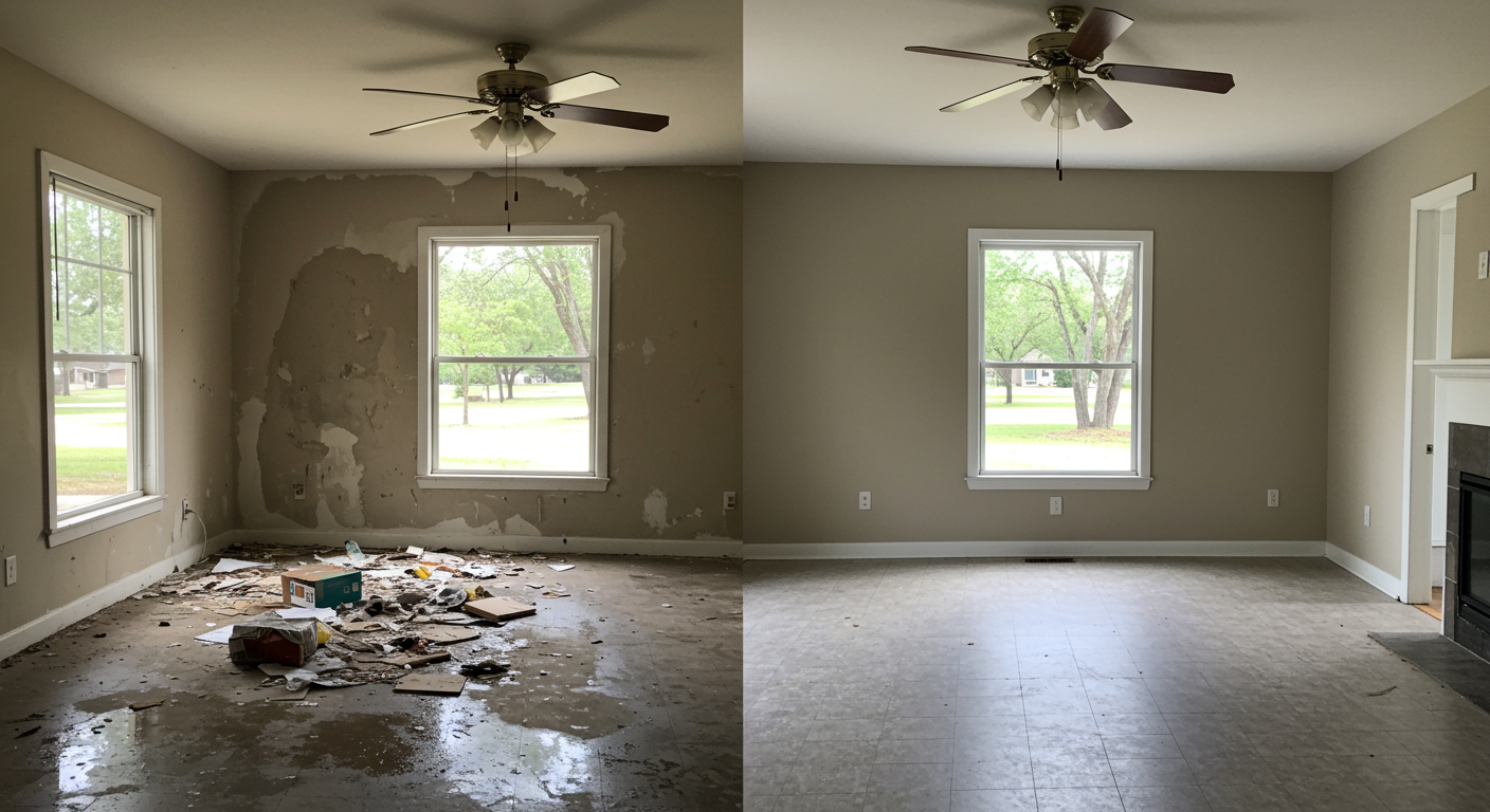 A split-view image showing a room before and after emergency cleaning. The 'before' side shows water damage and debris, while the 'after' side highlights a clean, restored space. The room reflects a typical Conroe, TX home style.