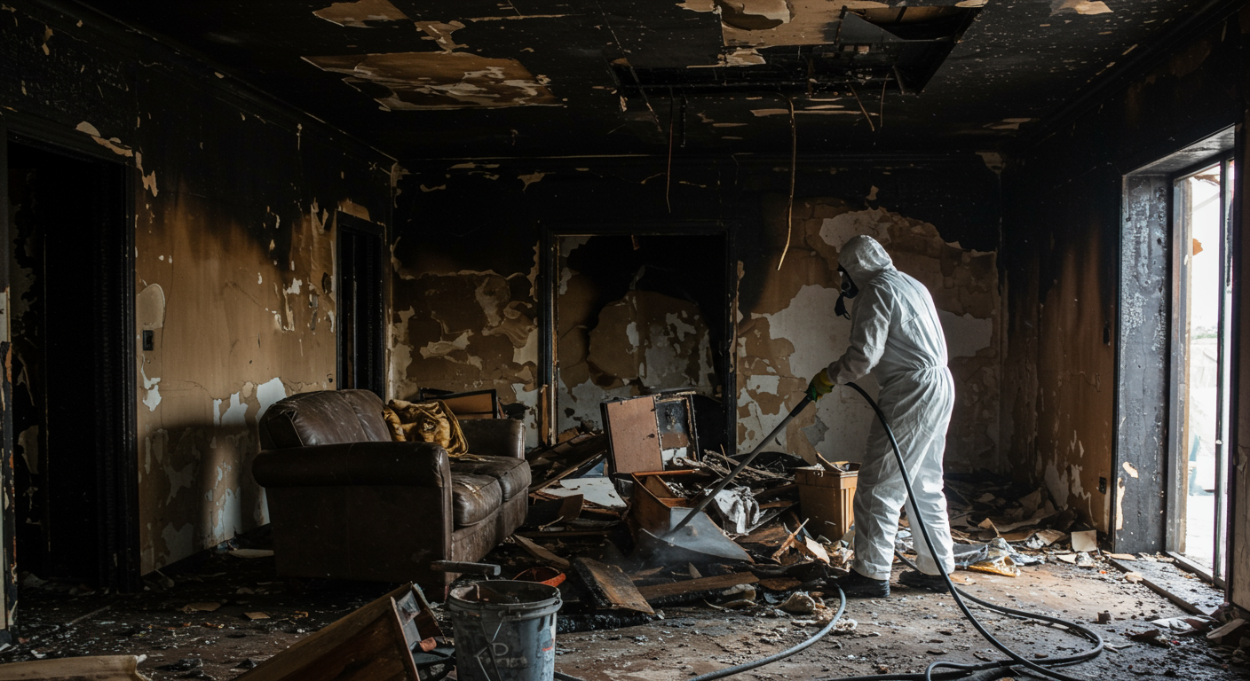 A restoration worker cleaning up debris in a fire-damaged room. The image shows charred walls and furniture, with the worker carefully removing debris and using protective gear.