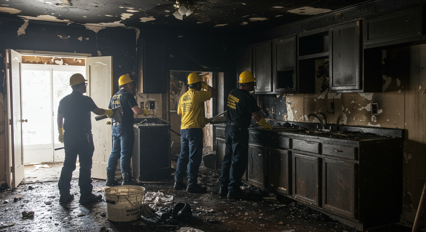 A team of restoration experts cleaning up a fire-damaged kitchen. The scene includes charred cabinets and soot-covered walls, with the team actively working to restore the area.