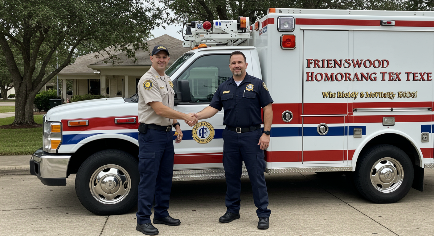 A friendly restoration technician shaking hands with a homeowner in Friendswood, TX, in front of a branded emergency response vehicle.