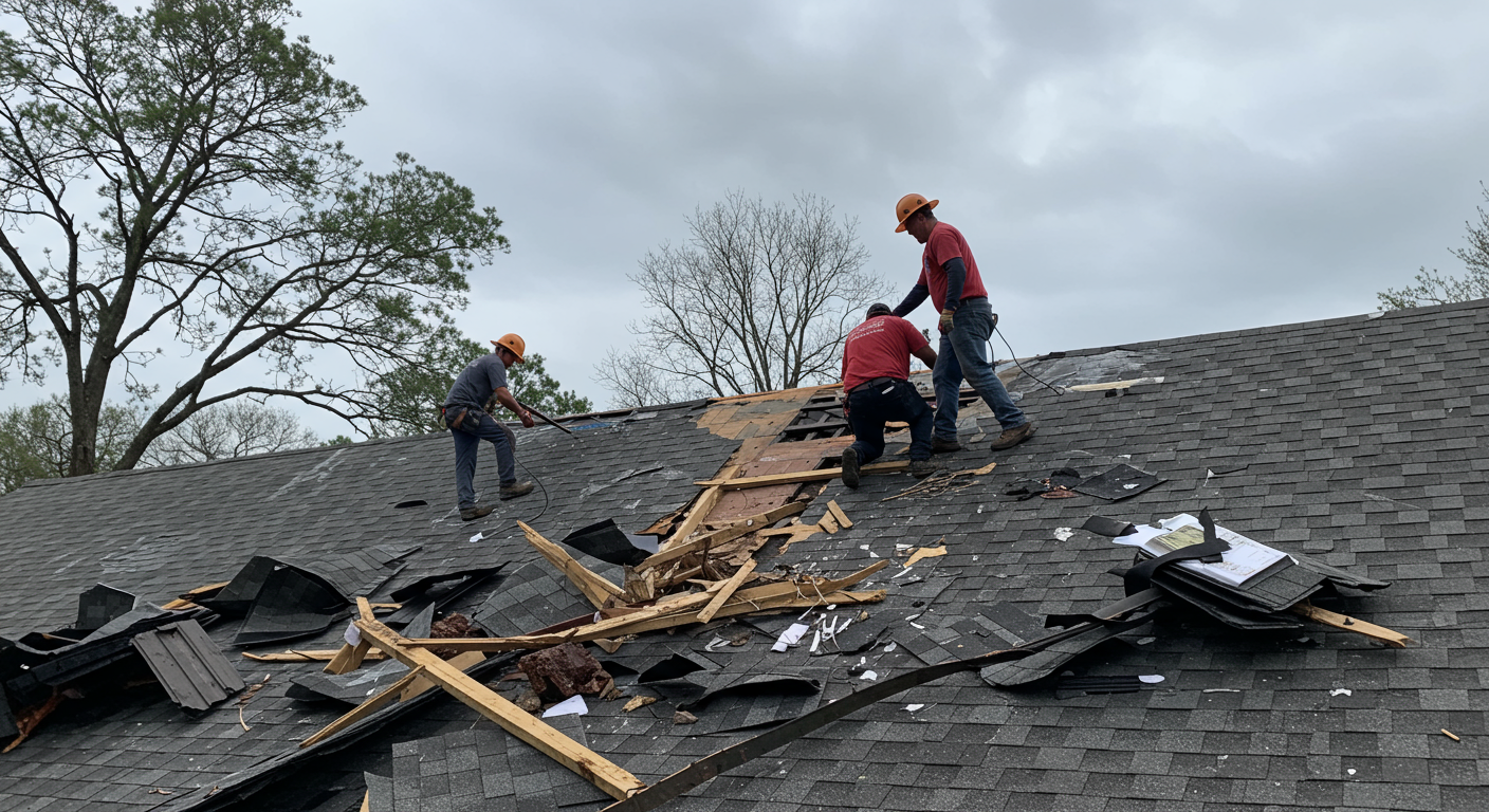 A team repairing a roof damaged by a storm in Conroe, TX. The image shows debris being cleared and new shingles being installed.