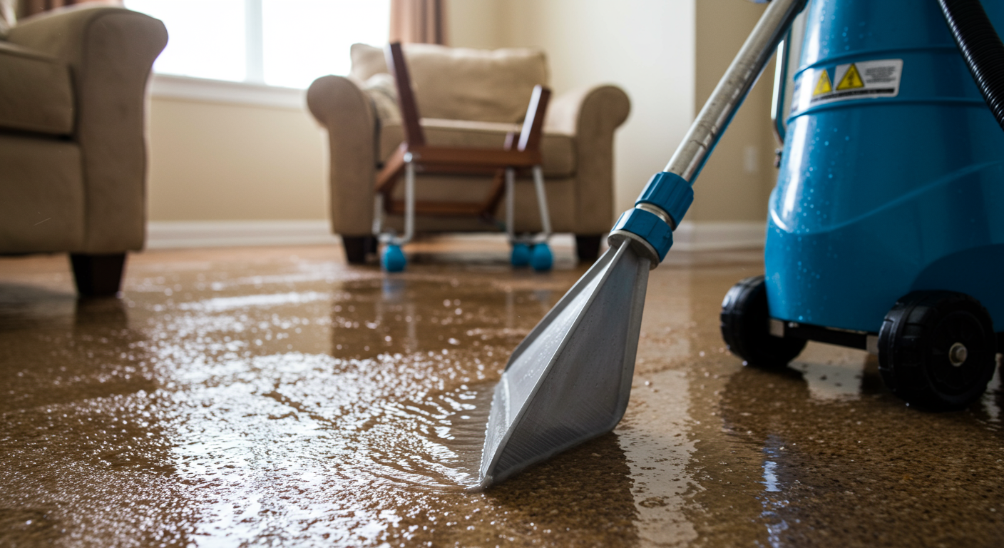 A close-up of industrial-grade water extraction equipment being used on a soaked carpet. The background includes a partially flooded room with furniture elevated to prevent further damage. The image showcases the tools and techniques used for water damage restoration.