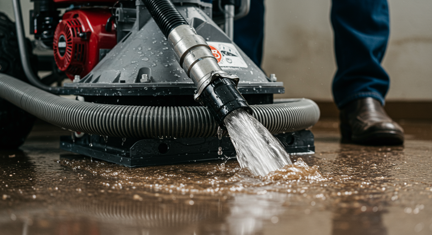 A close-up of a water extraction machine in use, with water being sucked out from a flooded carpet. The focus on the machine emphasizes the advanced technology used in restoration services.