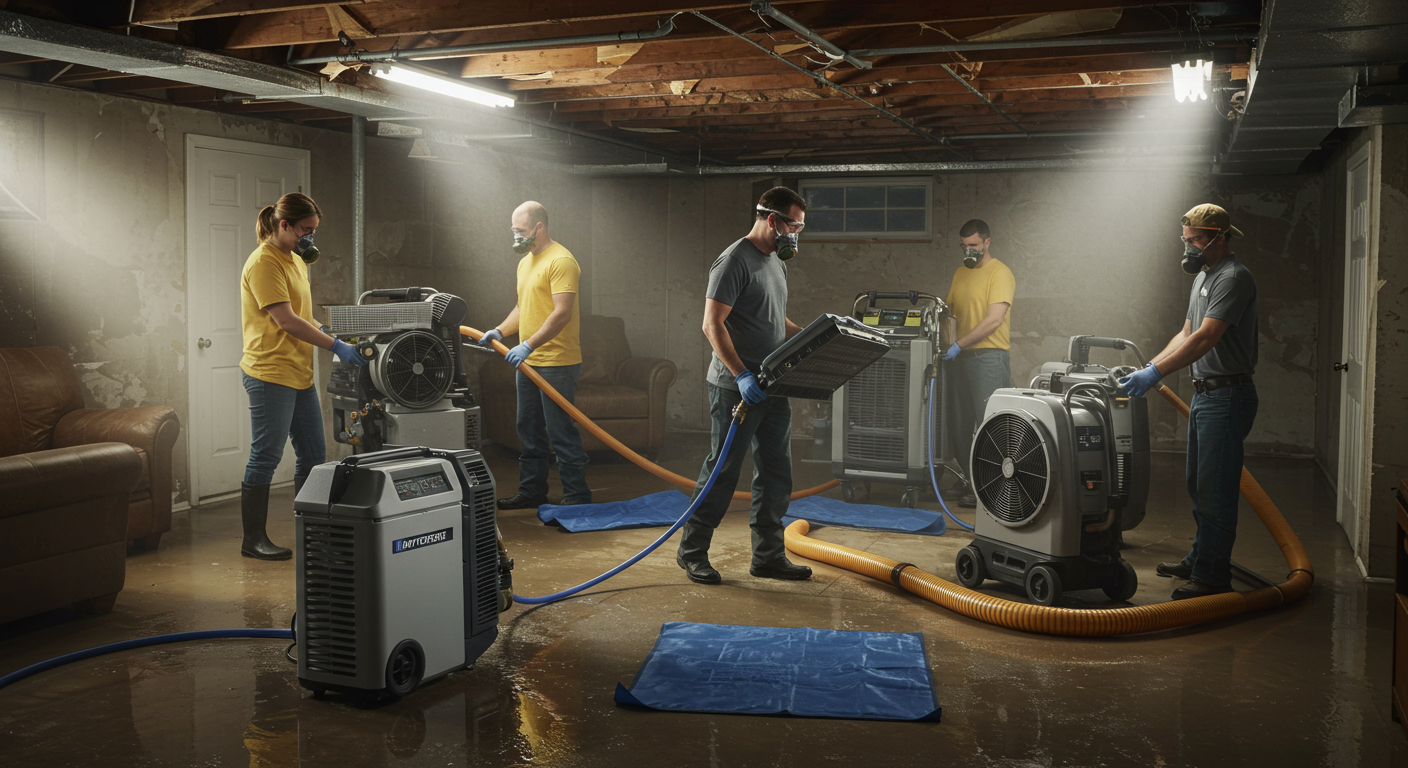 A restoration team setting up drying equipment in a flooded basement, demonstrating the proactive steps taken in water mitigation.