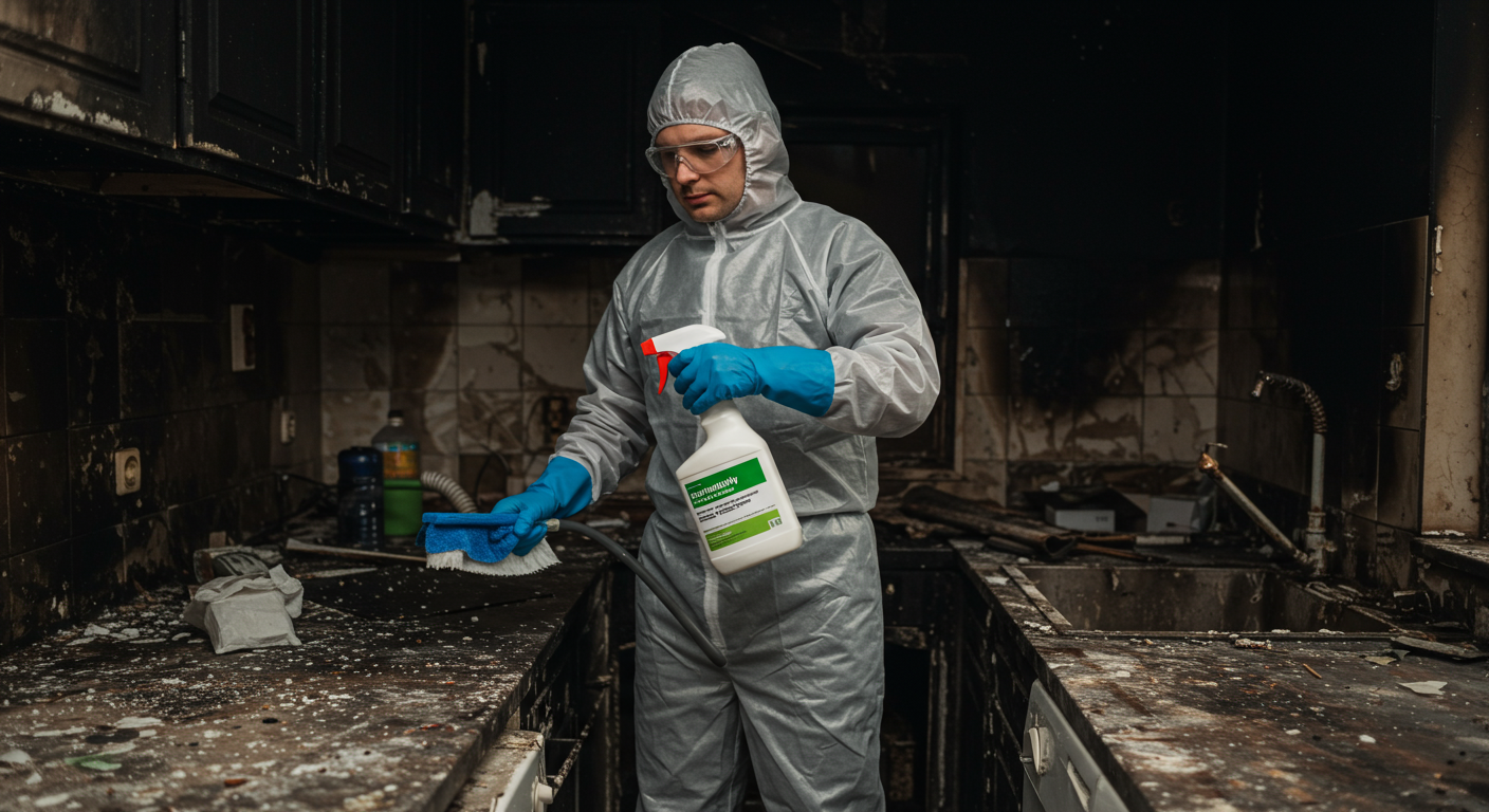 A technician using eco-friendly cleaning products in a fire-damaged kitchen. The image focuses on the products and the technician’s careful approach, promoting sustainable restoration practices.