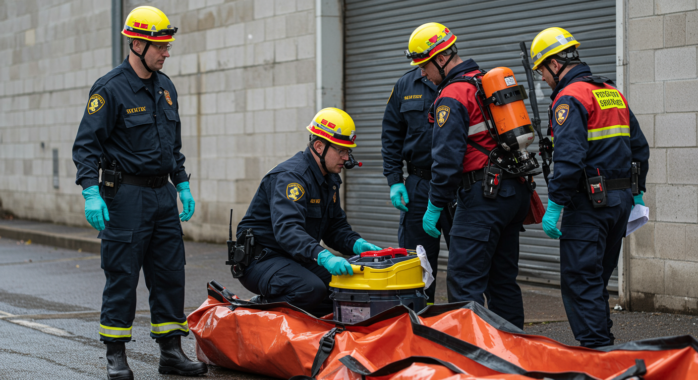 An emergency response team in action, wearing protective gear, assessing a spill situation. They are using specialized equipment to contain and clean up the area, illustrating the urgency and professionalism of emergency clean-up services.