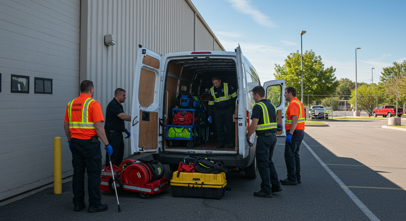 A team of remediation professionals is seen loading equipment into a van outside a commercial building. The image captures a sense of urgency and readiness to respond to emergencies, with a clear blue sky in the background.