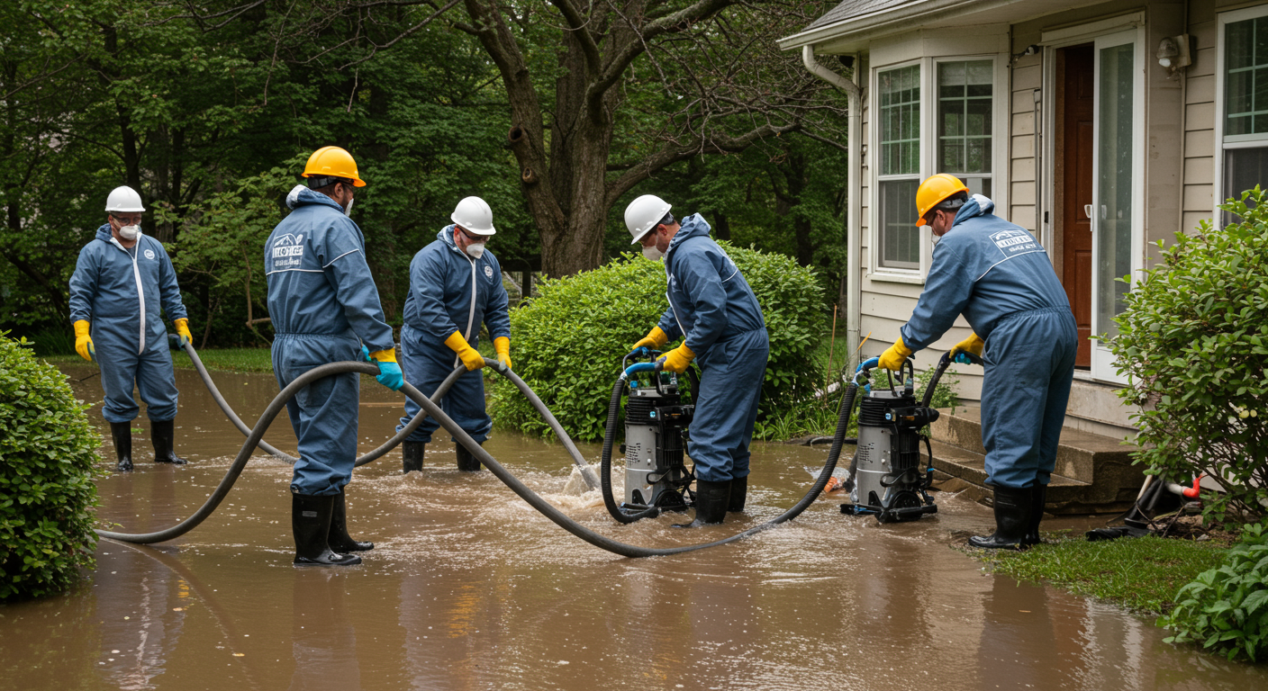 A dynamic scene showing a team of restoration professionals in protective gear actively working to remove water from a flooded home.