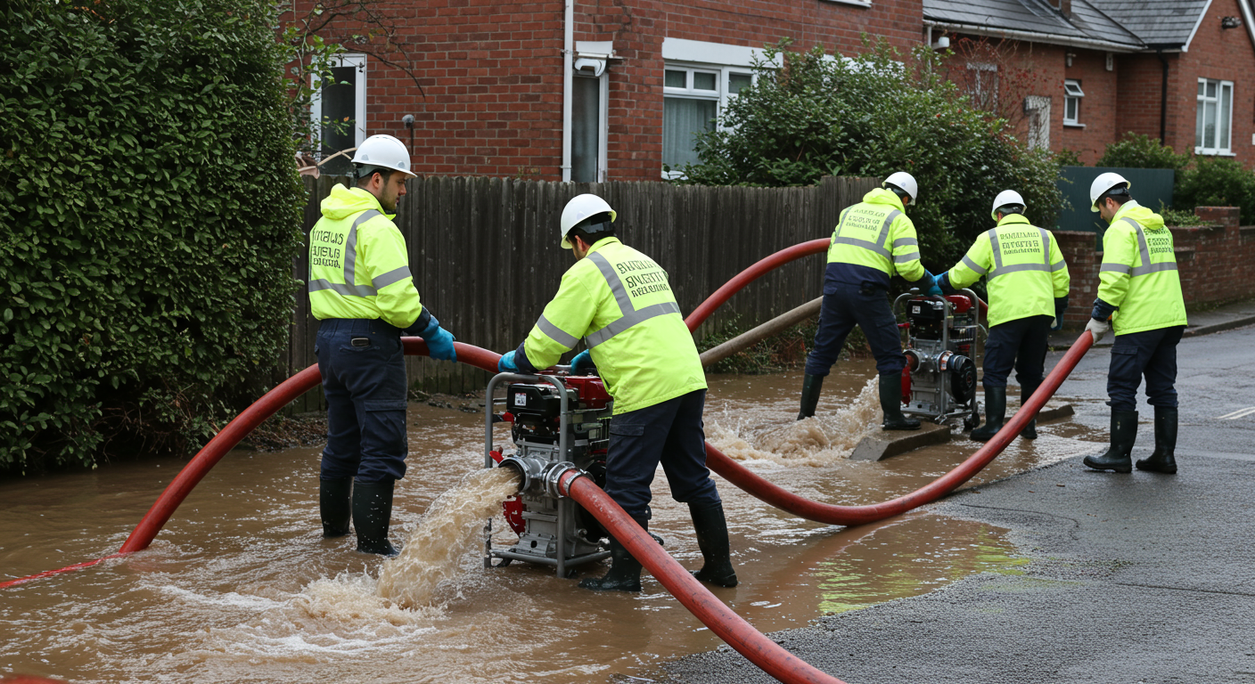 A team of professionals in protective gear actively working to extract water from a flooded residential area.