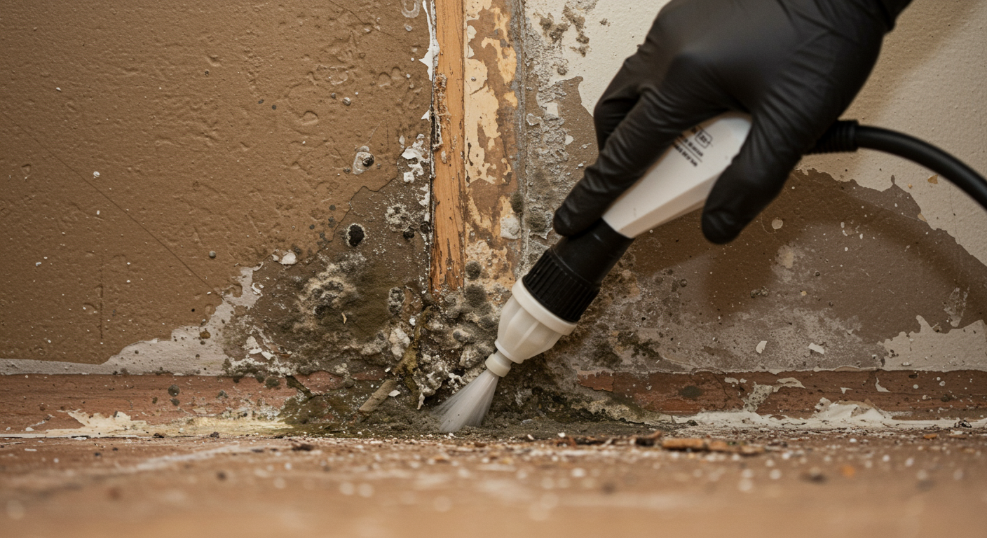 A close-up of mold remediation in progress, with a contractor applying a mold treatment solution to affected areas in a Baytown home.
