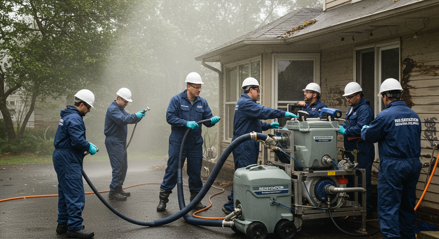 A team of professional restoration technicians in safety gear actively working on a water-damaged home. They are using advanced equipment to extract water and assess the damage, showcasing their expertise and commitment to restoration.
