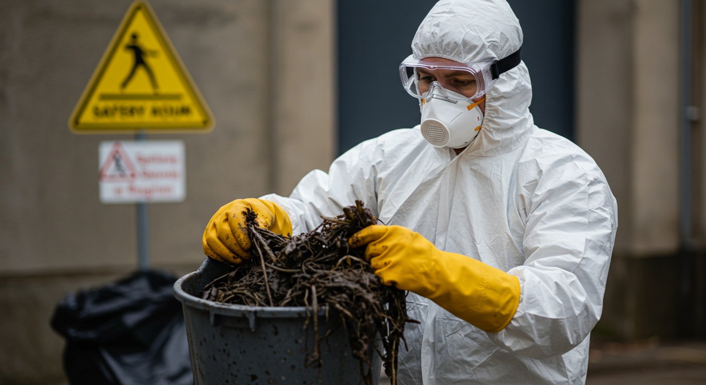 A professional cleaner wearing full protective gear, including gloves, mask, and goggles, carefully handling sewage-contaminated materials. The background shows a clean-up site with safety signage.