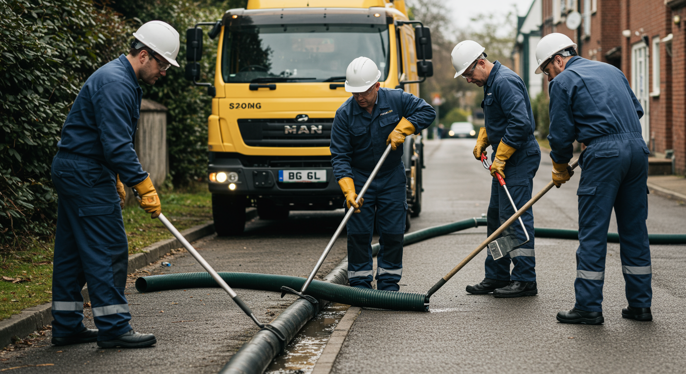 A team of professional sewage cleaners in uniforms, actively working on a sewage line with specialized tools. The scene captures the teamwork and dedication involved in the cleaning process.