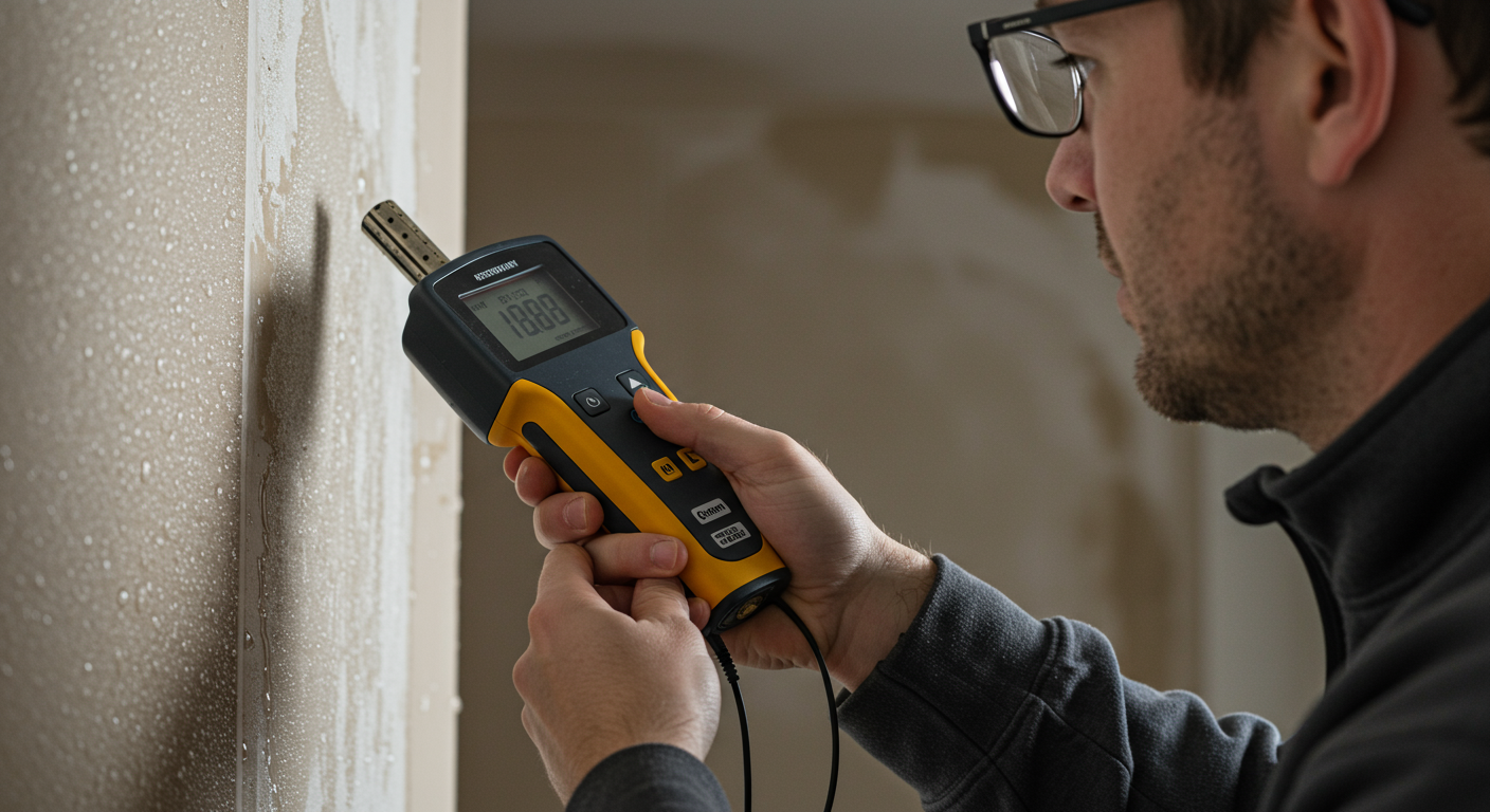 A close-up of a restoration technician using a moisture meter on a wall, with water-damaged areas visible. The technician is focused and determined, symbolizing expertise and care.