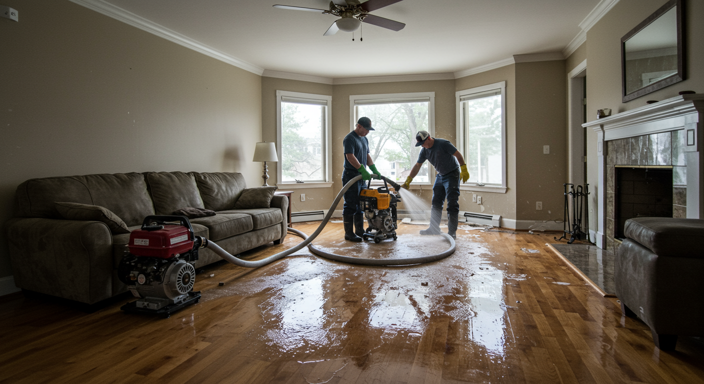 A water-damaged living room with a restoration team actively extracting water using a powerful pump. The room shows signs of water pooling and damaged furniture.