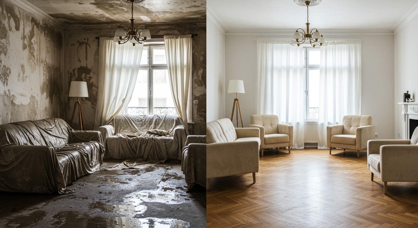 A split-screen image showing 'before and after' of a water-damaged living room transformed into a clean and restored space.
