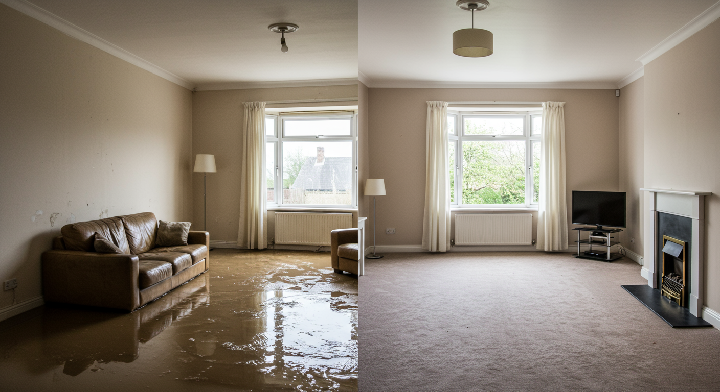 A split-screen image showing a flooded living room on one side and the same room fully restored on the other. The restored side features clean carpets, dry walls, and a cozy, inviting atmosphere.