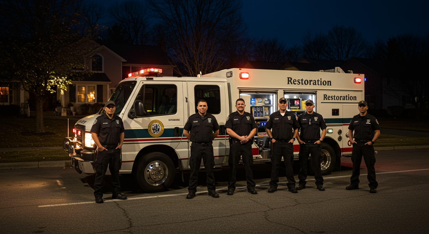 A team of restoration professionals standing next to their branded emergency response vehicle at night, ready for action.