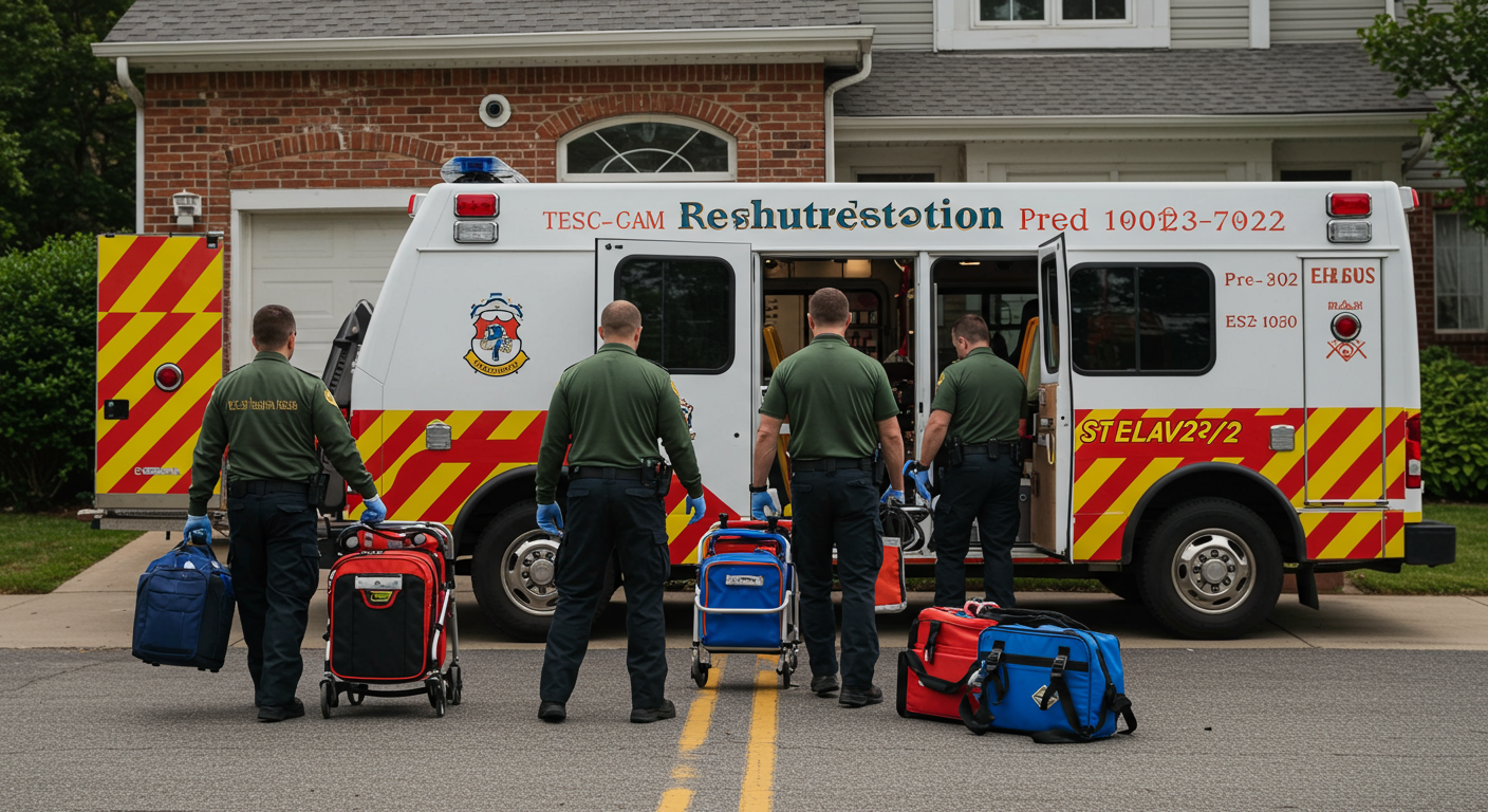 A restoration team arriving at a residential property in a branded emergency response vehicle. The team is unloading equipment, ready to start the restoration process.