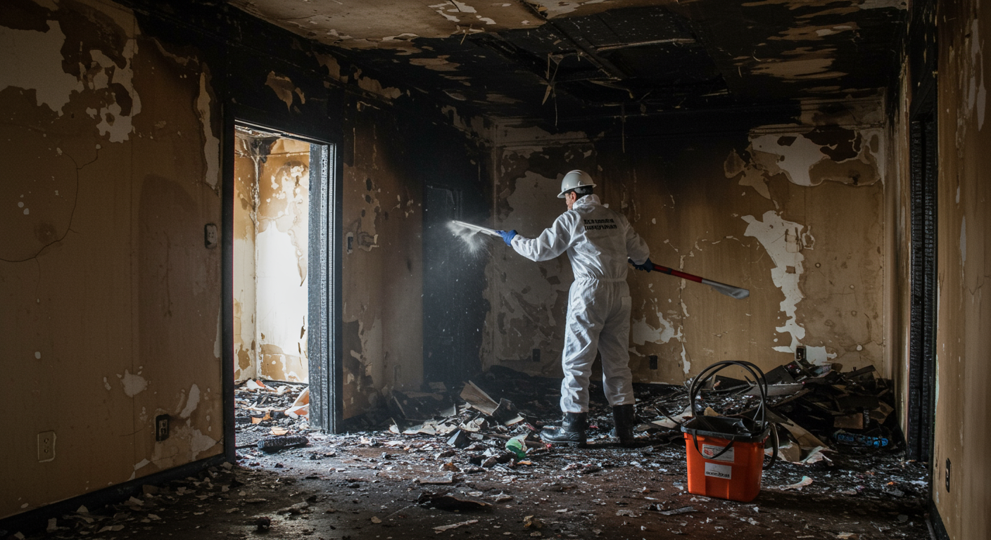 A restoration professional cleaning up a fire-damaged area. The image shows charred walls and debris being removed, with a focus on the cleanup process.