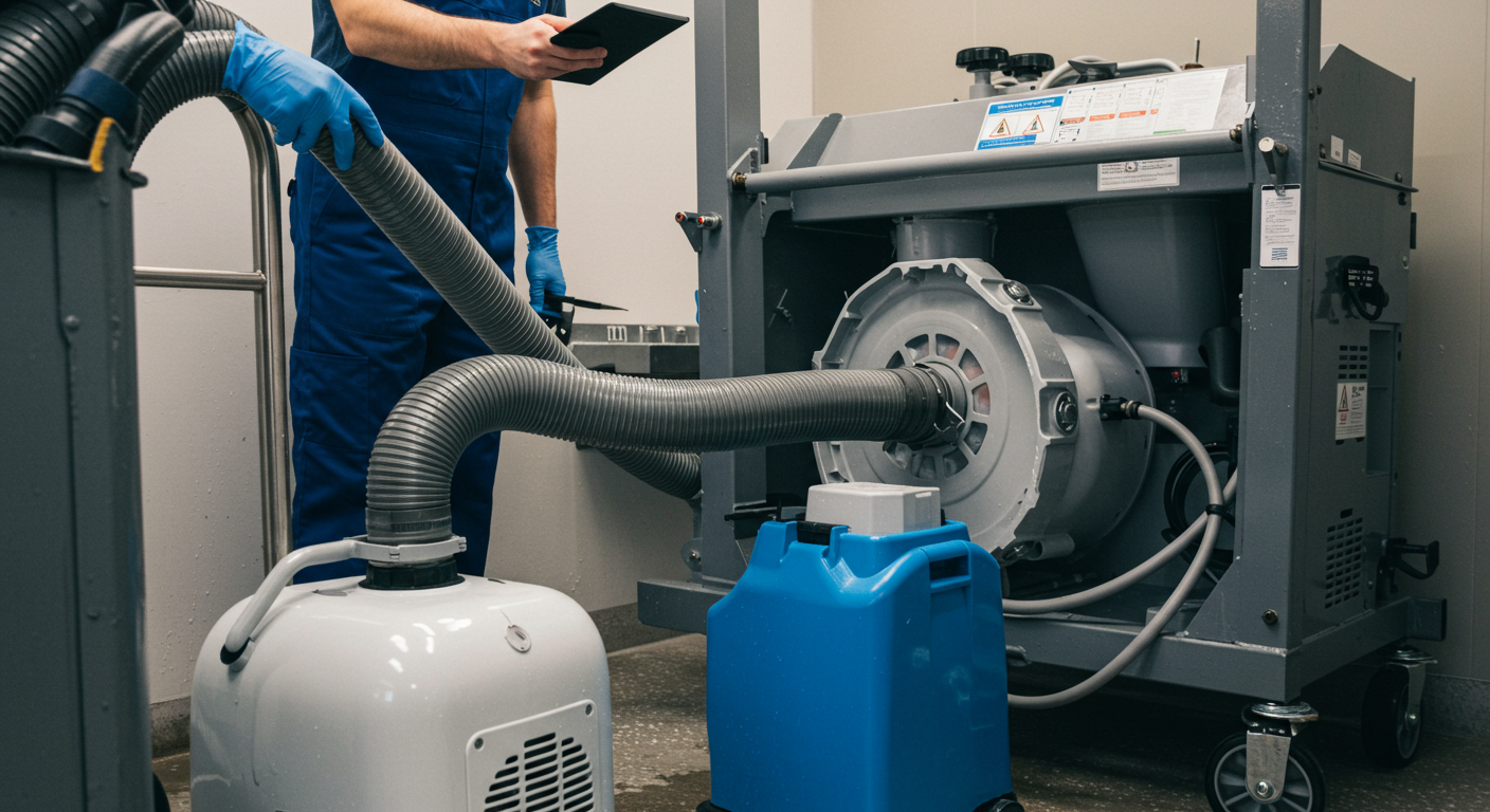 A close-up of water extraction equipment in use, with a technician monitoring the process. The image highlights the drying phase with air movers and dehumidifiers in action.
