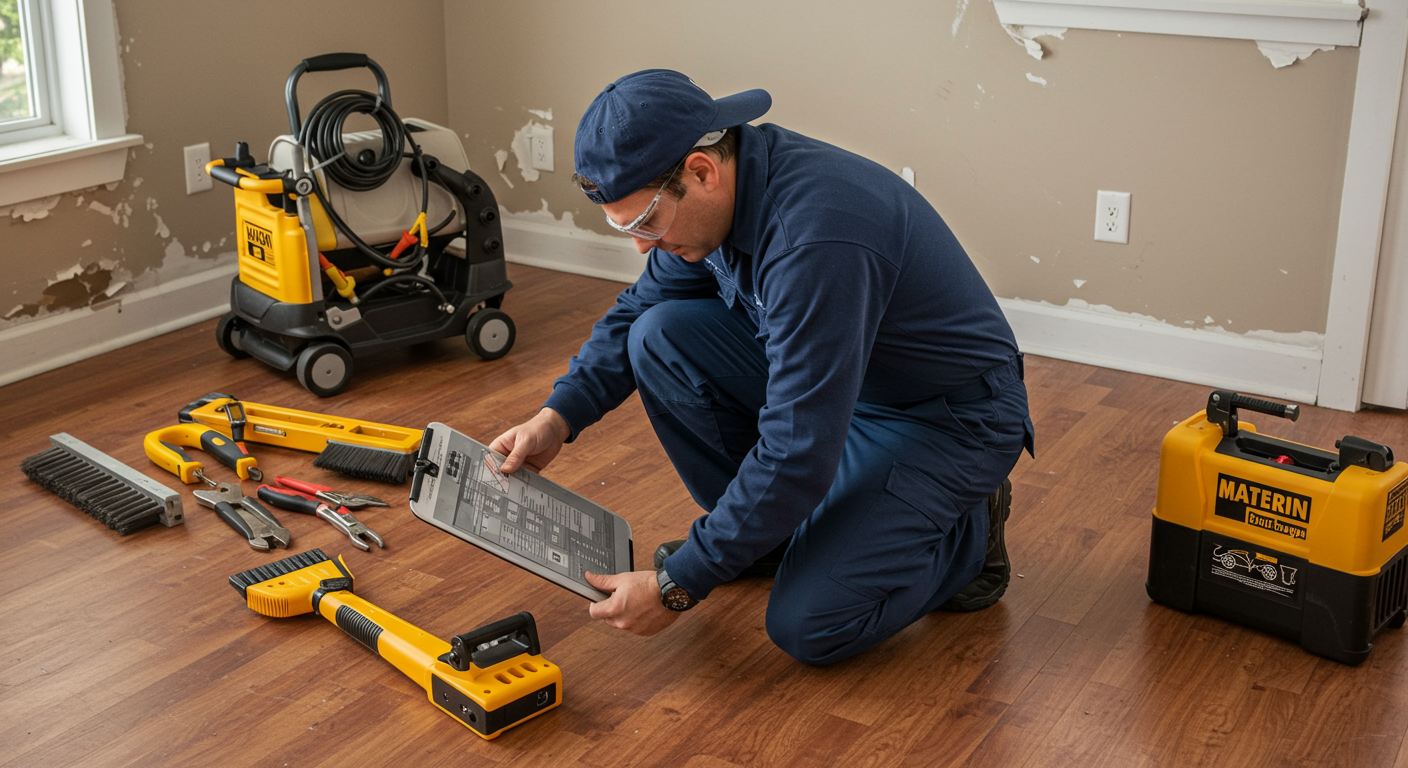 A technician inspecting water damage in a home, with tools and equipment laid out nearby. The image emphasizes the thoroughness and attention to detail in the repair process.