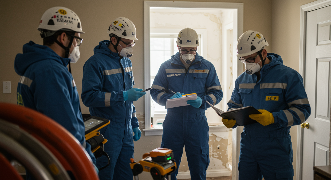 A team of emergency restoration professionals in protective gear working together to assess water damage in a residential home. They are using advanced equipment to measure moisture levels and discuss the next steps.