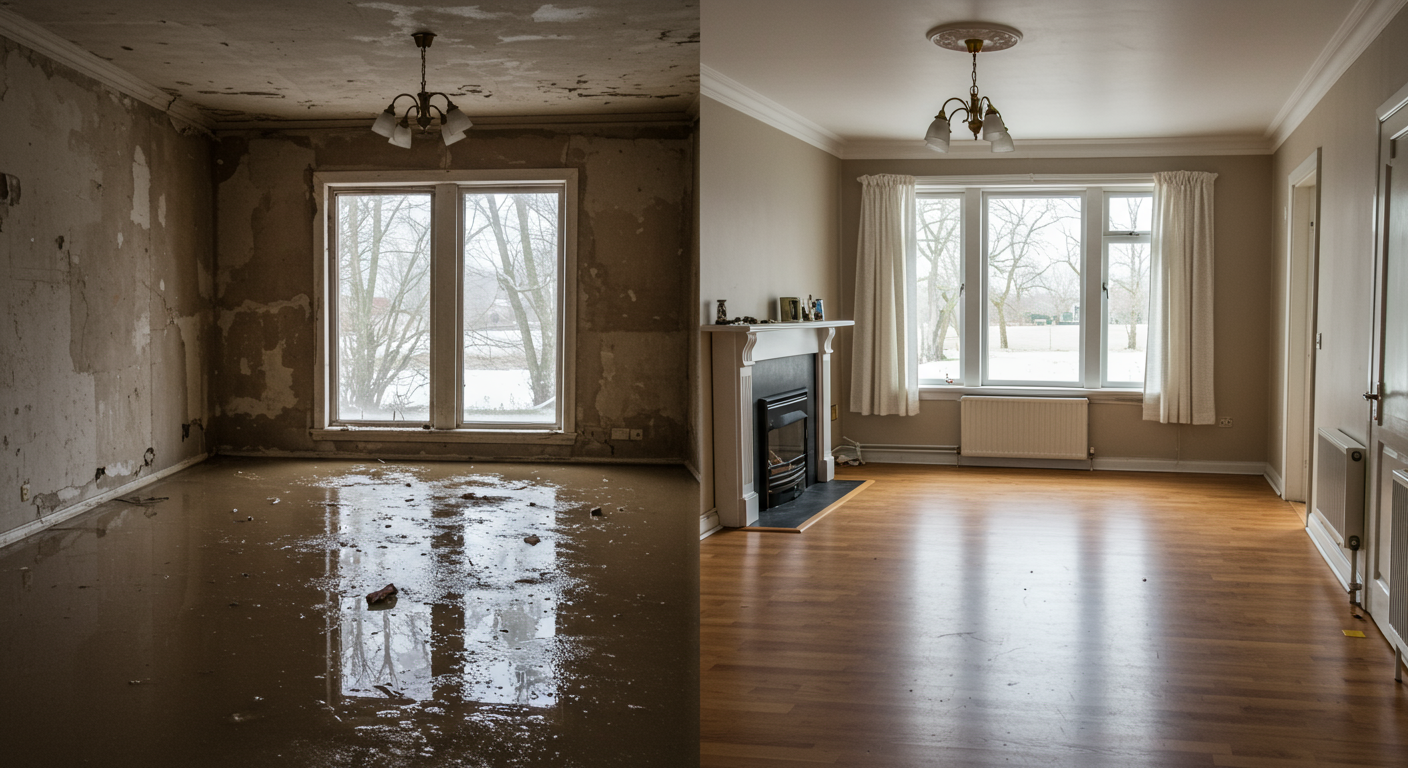 A split image showing a flooded room on one side and the same room fully restored on the other. This visual contrast highlights the effectiveness of flood repair services.