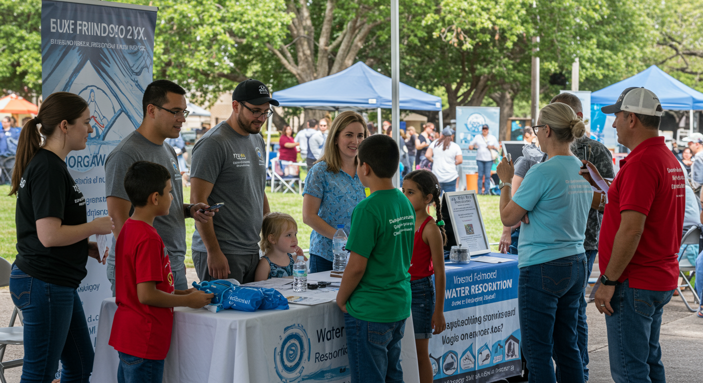 A community event in Friendswood, TX, where local businesses, including a water restoration company, are showcasing their services. Families are interacting with representatives and learning about water safety.