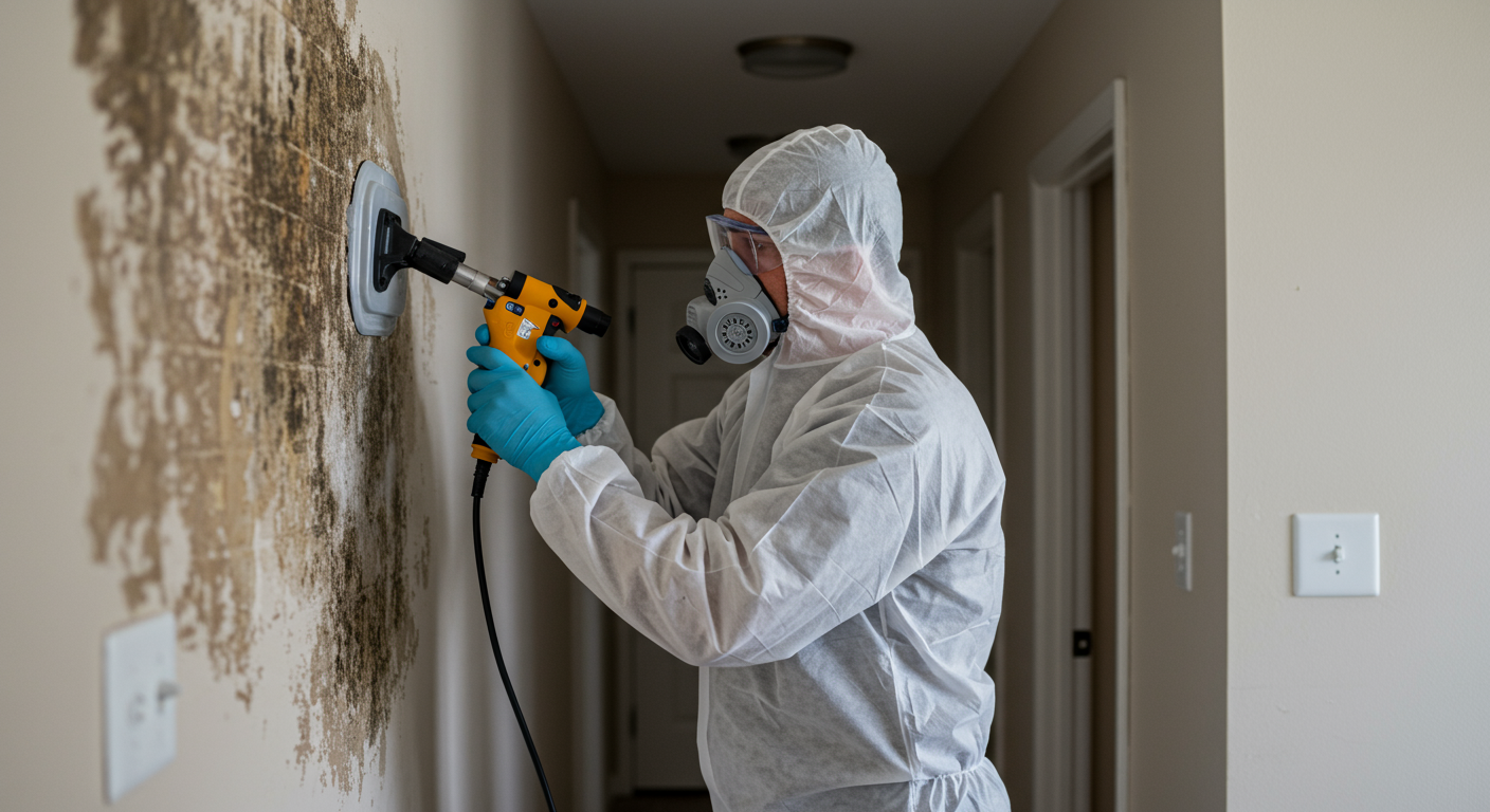A professional remediation contractor wearing protective gear is actively removing mold from a wall in a residential setting. The focus is on the contractor's careful work, showcasing the tools and equipment used.