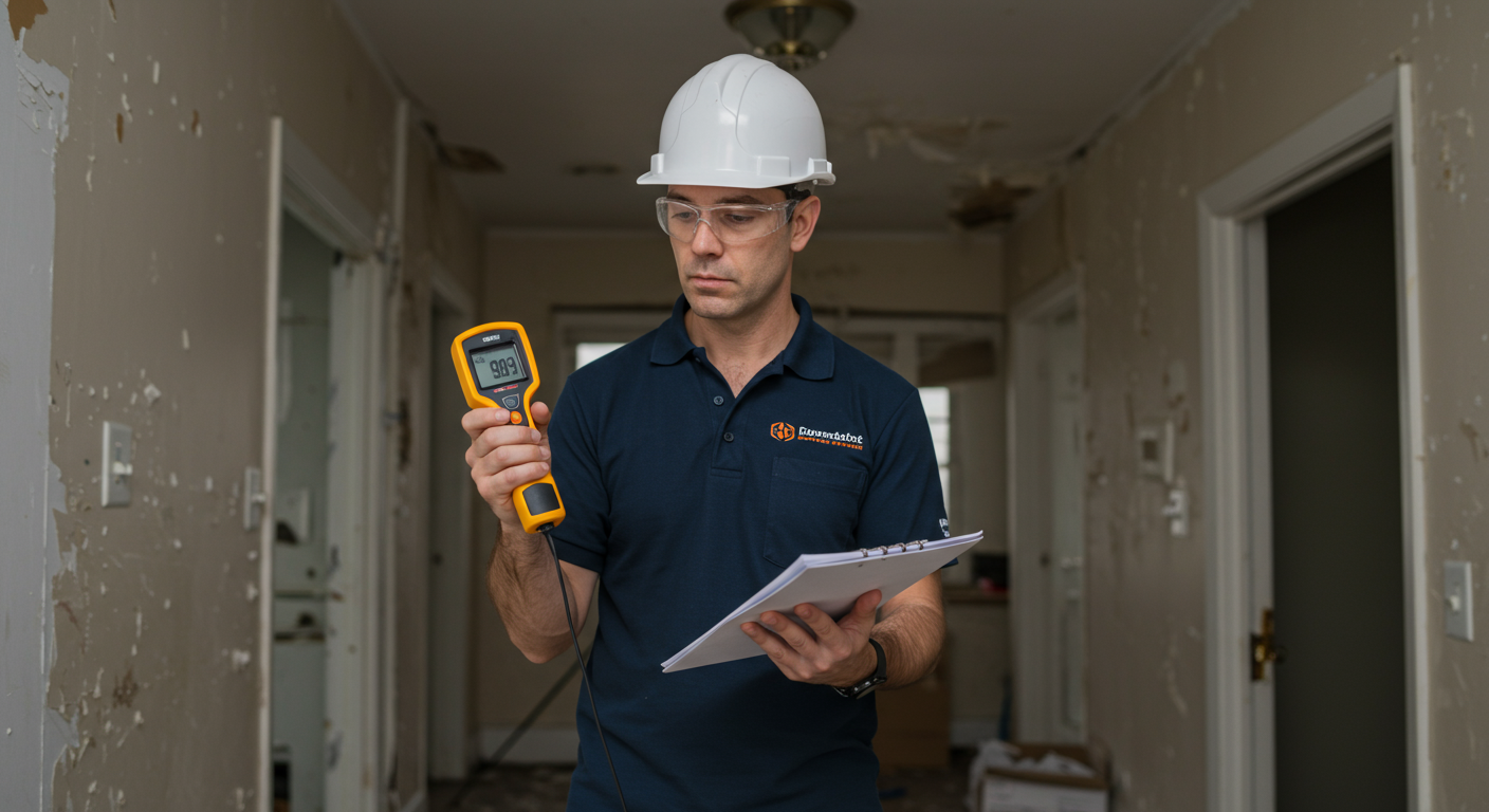 A professional inspecting a property for water damage, using tools like moisture meters and thermal imaging cameras. The setting is a home with visible signs of water damage, showcasing the assessment process.