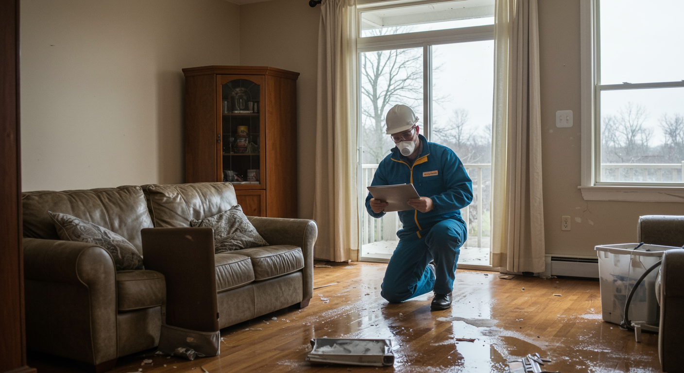 A professional water damage restoration technician inspecting a flooded living room, with water-damaged furniture and equipment in the foreground. The technician is wearing safety gear and is focused on assessing the damage.