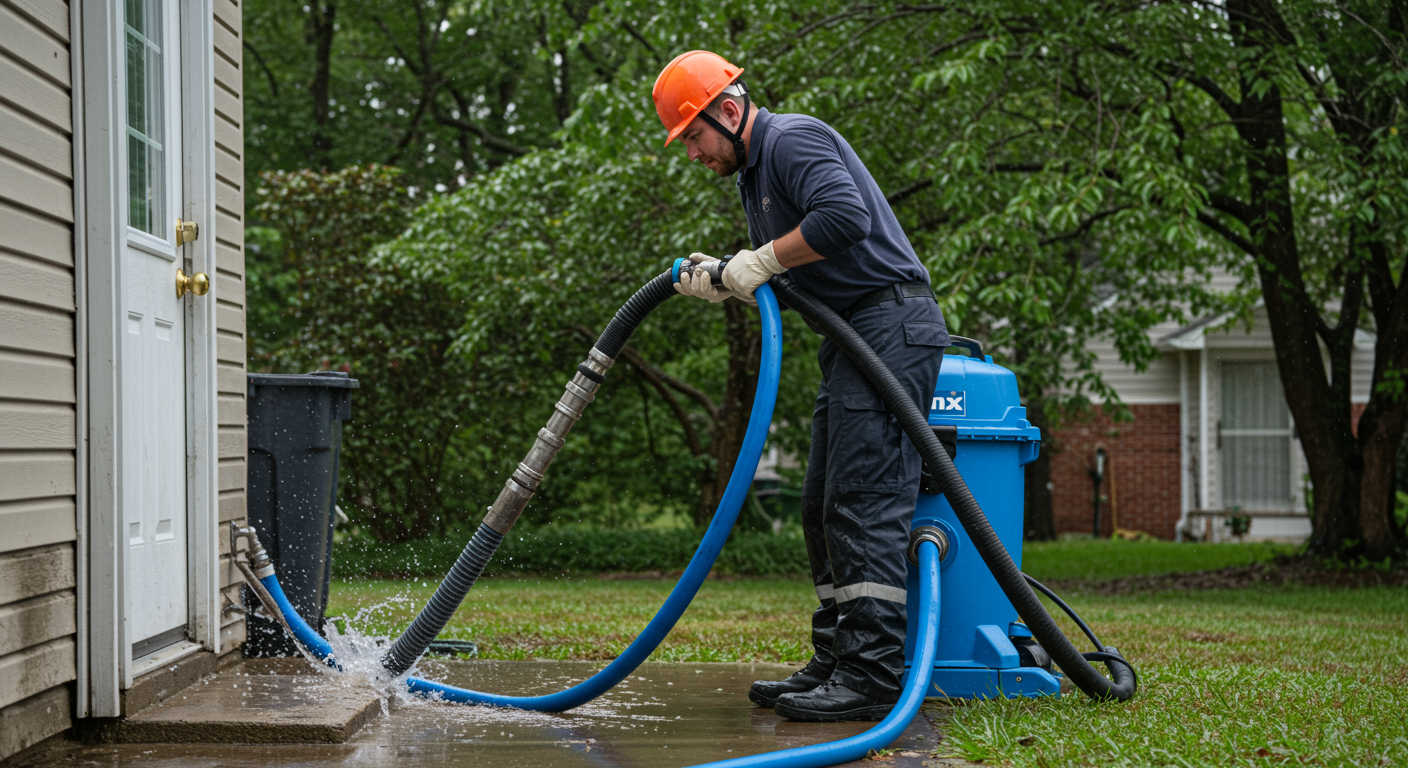 A professional water damage restoration technician in action, using specialized equipment to extract water from a flooded residential area. The technician is focused and wearing safety gear, showcasing the urgency of the situation.
