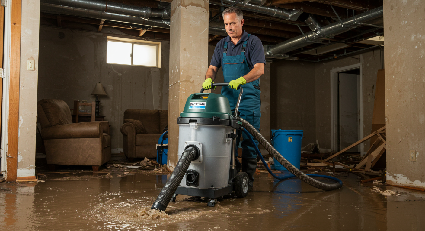 A professional using a powerful water extraction machine in a flooded basement, with visible water being sucked into the machine.