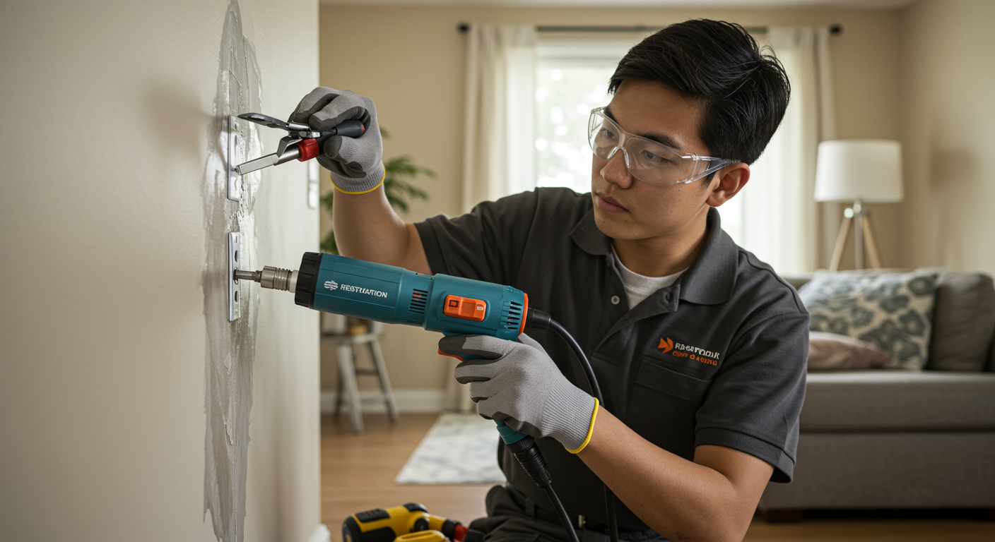 A close-up of a technician using advanced restoration equipment in a home, demonstrating the comprehensive services offered.