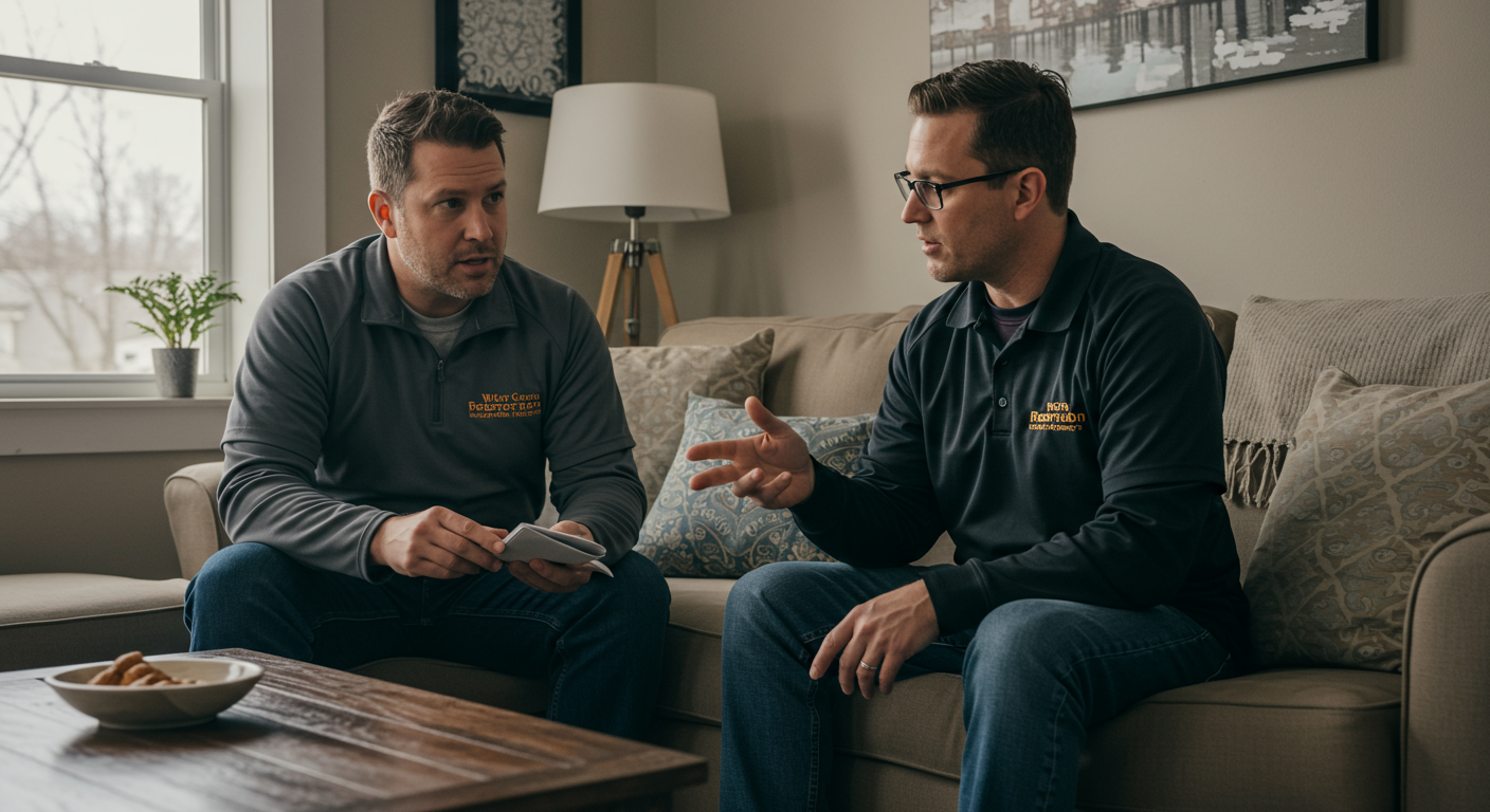A restoration expert discussing a restoration plan with a homeowner in their living room. The image captures the personal touch and professionalism of local restoration companies, highlighting customer service.
