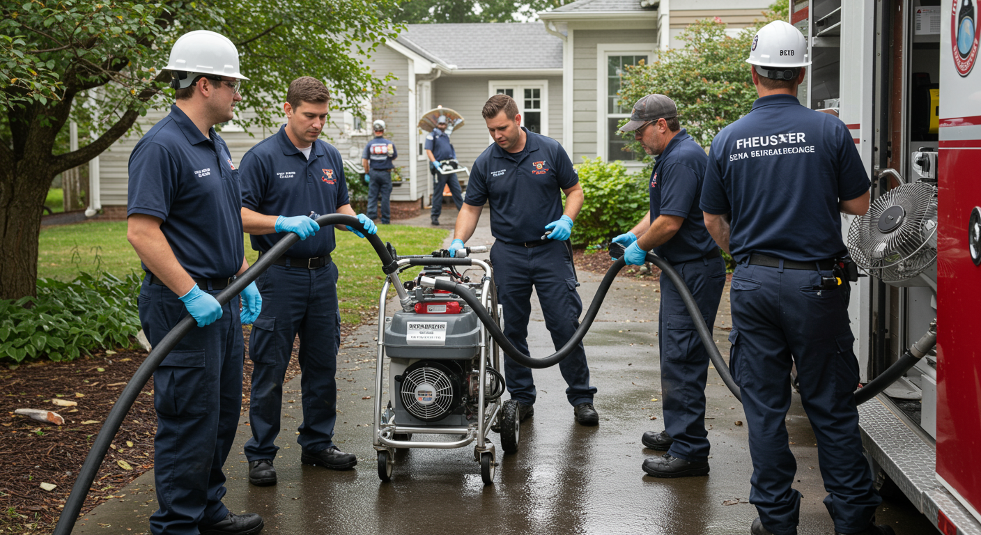 A team of restoration professionals in uniforms actively responding to a water damage emergency in a residential home. They are using equipment like water extractors and fans to mitigate damage.