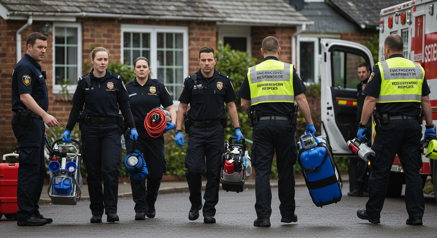 An emergency response team arriving at a residential property with equipment in hand, ready to tackle a water damage crisis. The image conveys urgency and professionalism, with the team members in uniforms.