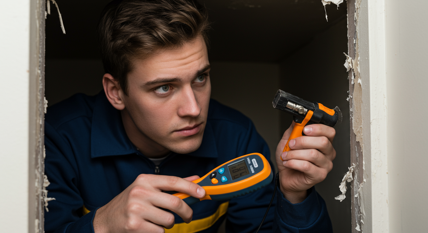 A close-up of a technician inspecting water damage behind a wall, with tools and moisture meters in hand.
