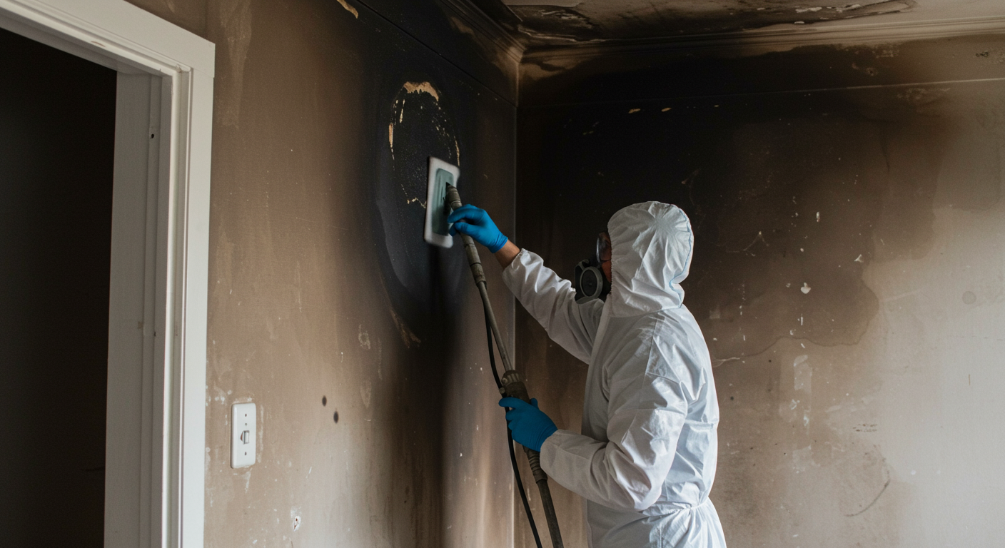 A professional fire damage restoration technician in protective gear is seen cleaning a soot-stained wall in a home. The technician is using specialized equipment, showcasing the cleaning process in action.