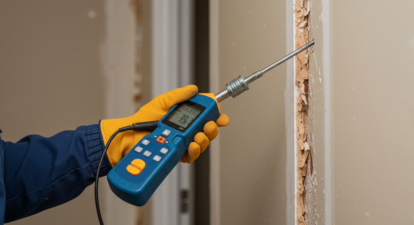 A close-up of a technician inspecting water-damaged drywall, with tools and moisture meters in the foreground. The background shows a partially removed wall, emphasizing the restoration process.