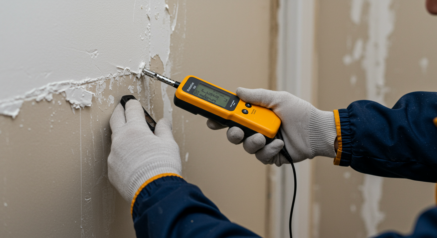 A close-up of a restoration expert inspecting water-damaged drywall with a moisture meter, highlighting the assessment phase of the restoration process.