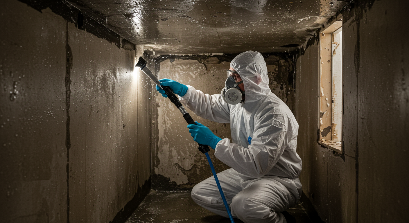 An image of a technician applying mold remediation techniques in a damp area of a home. The technician is using specialized equipment and wearing a mask, emphasizing safety and professionalism.