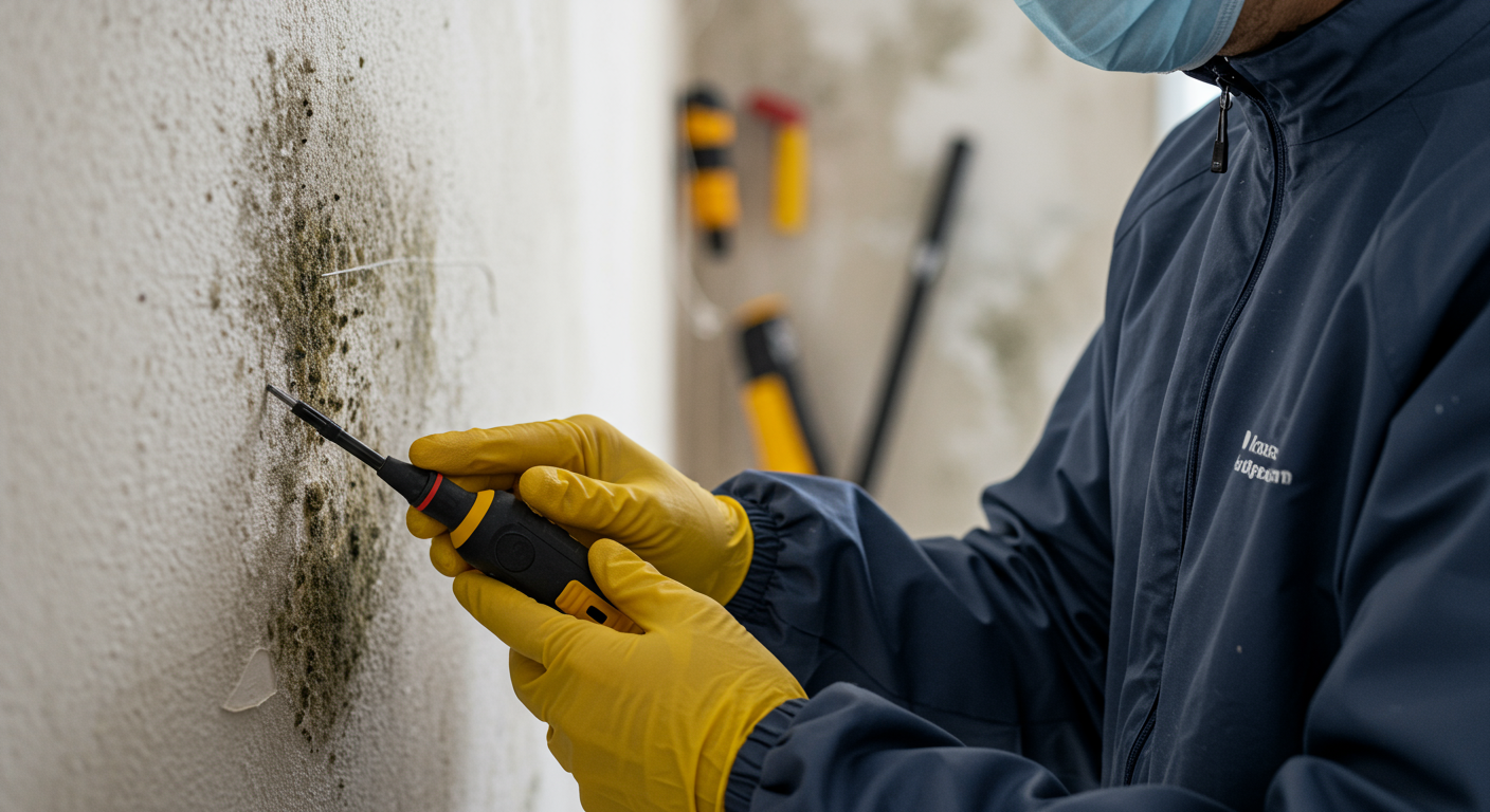 A close-up of a technician inspecting a wall for mold after water damage. The image highlights the importance of mold remediation, with tools and safety equipment visible in the background.