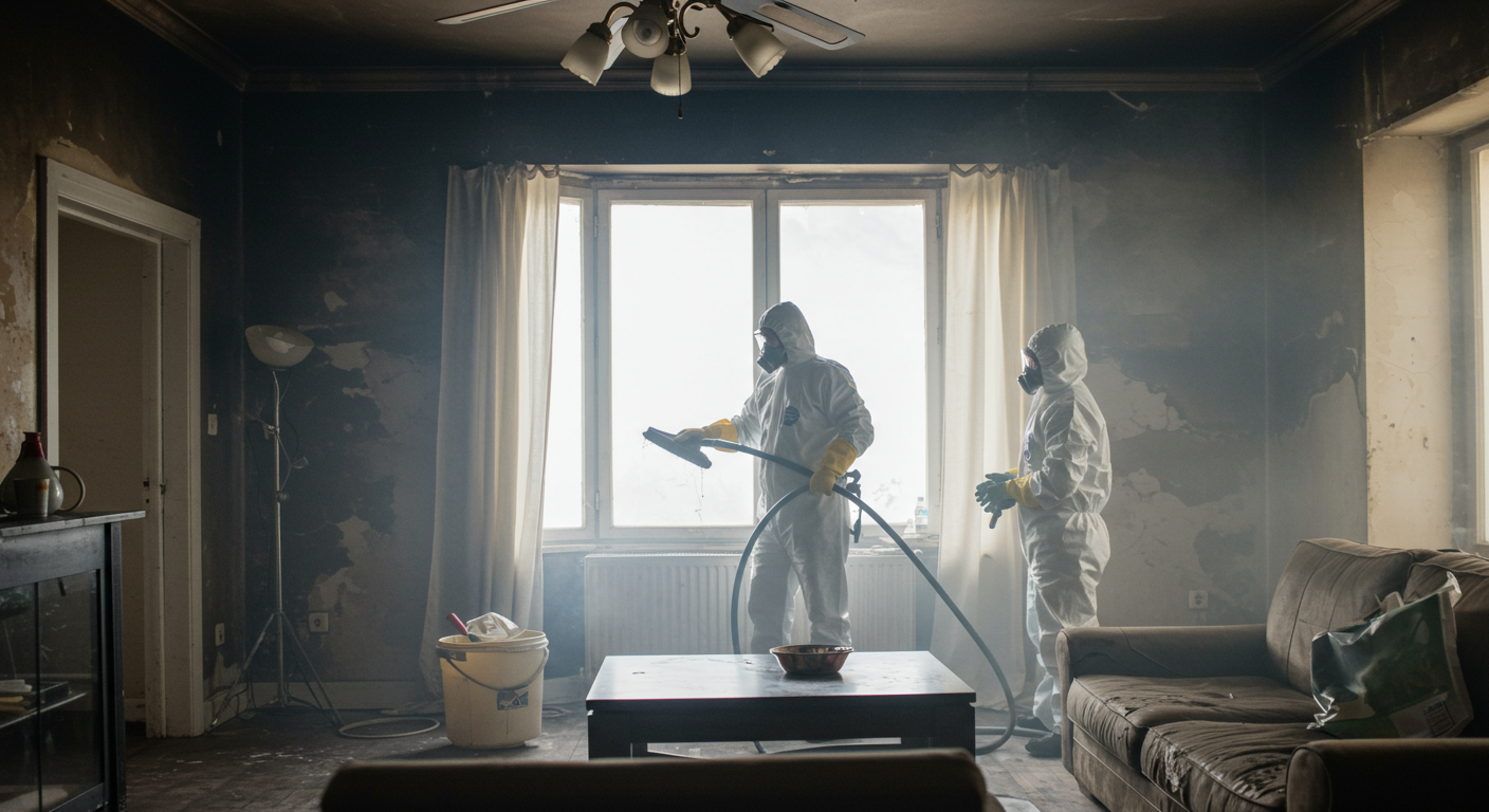 A restoration team in protective gear working to clean a smoke-damaged living room. They are using specialized equipment to remove soot and odors.