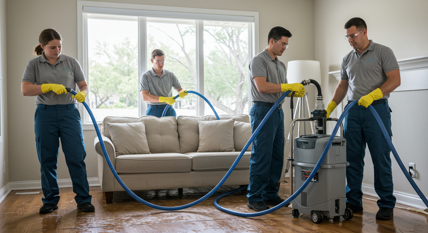 A team of restoration professionals in uniforms actively working to remove water from a flooded living room. They are using advanced equipment like water extractors and dehumidifiers.