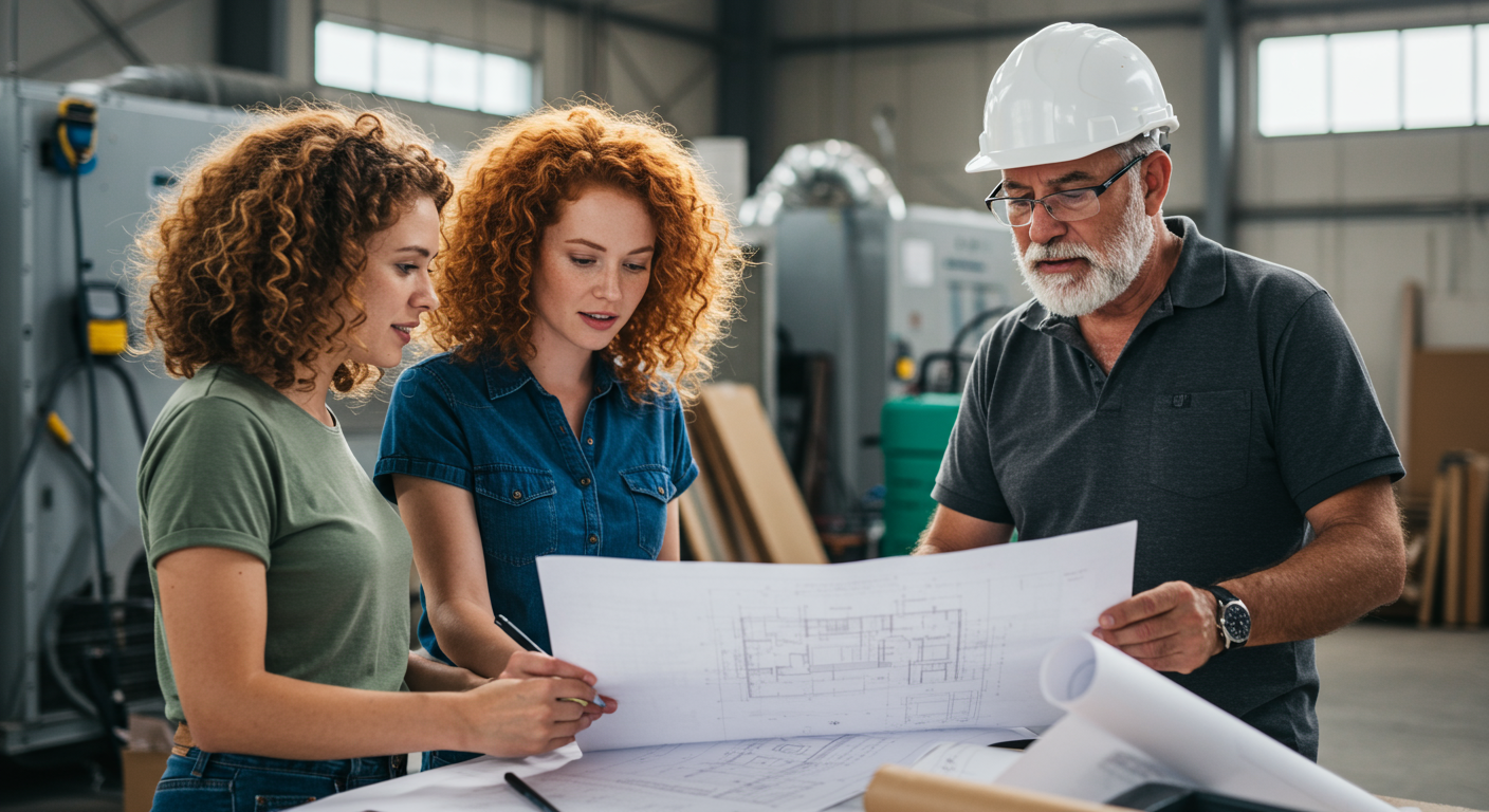 A team of restoration professionals collaborating on-site, discussing plans while surrounded by drying equipment and tools.